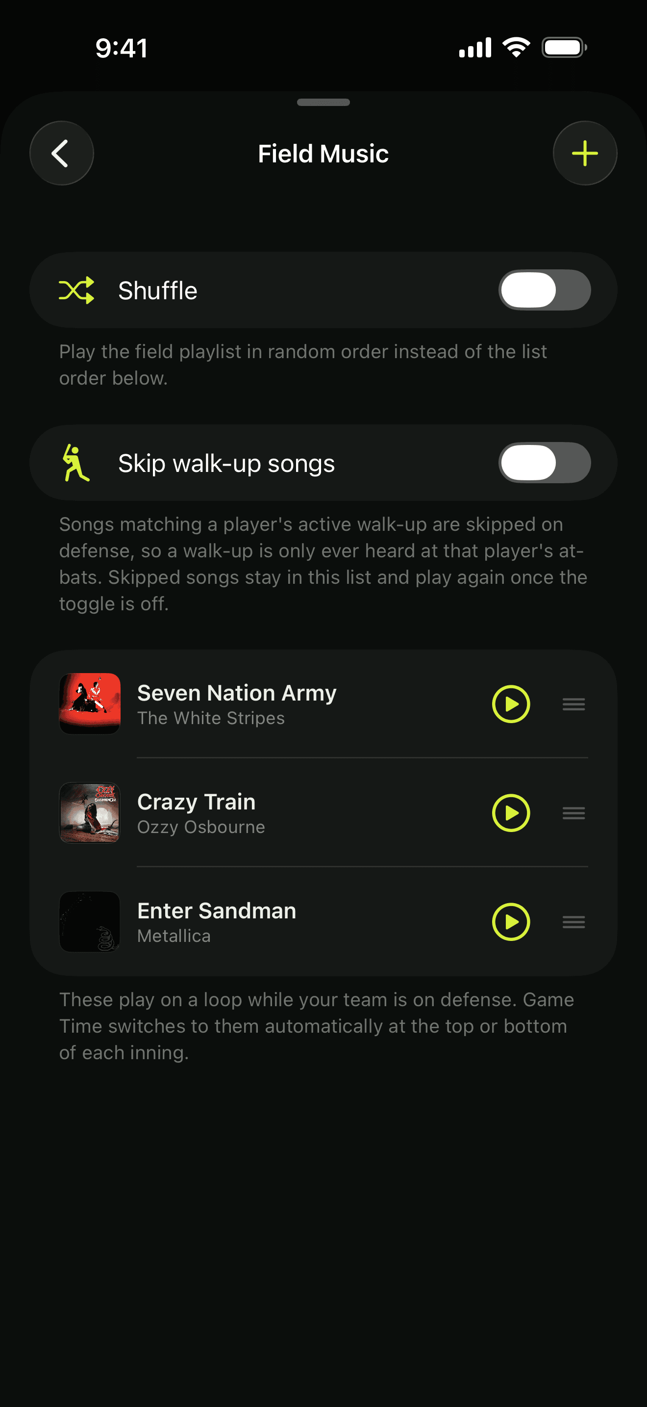 The Field Music playlist screen listing the team's defense songs