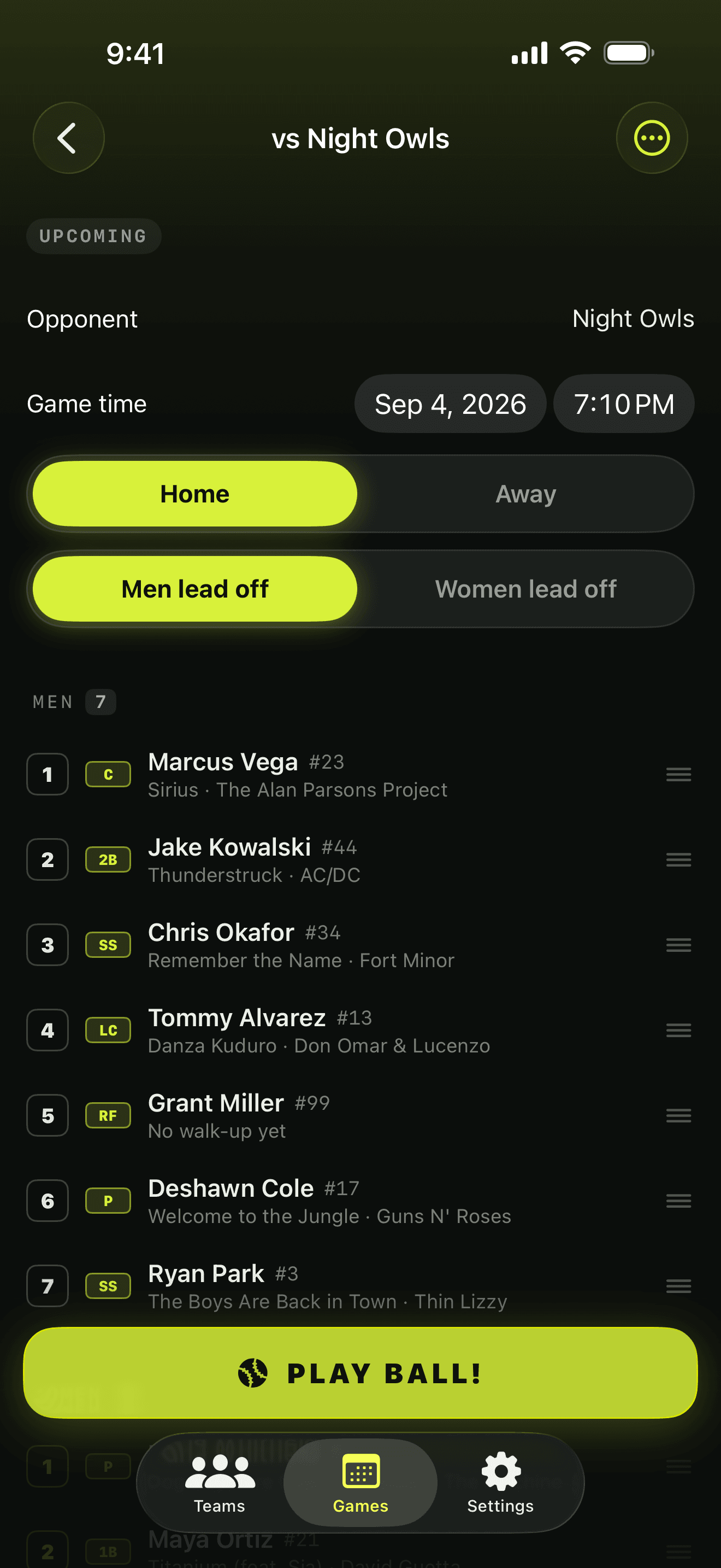 A game's lineup editor with check-ins and drag handles