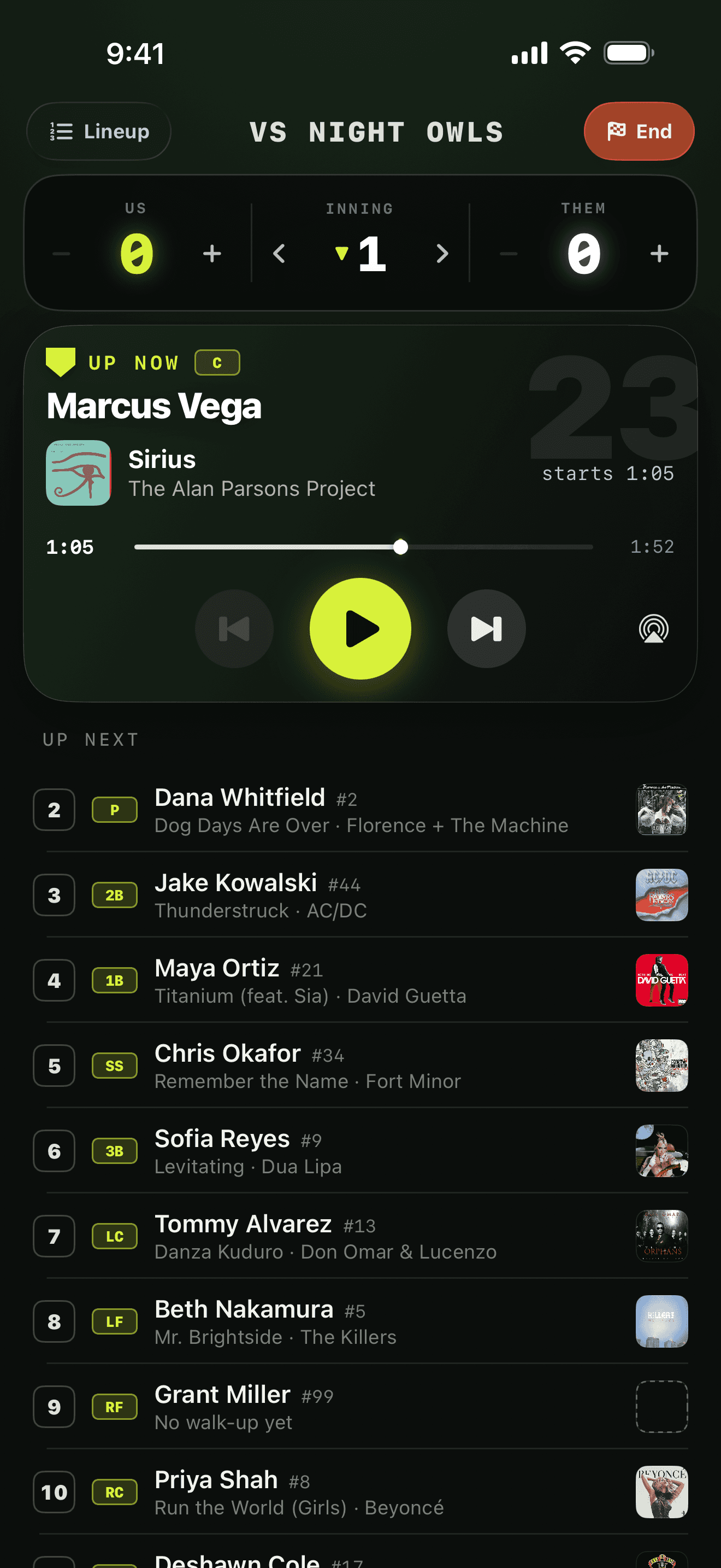 Walkups Game Time screen: the current batter up top with their walk-up song, and the rest of the batting order queued below