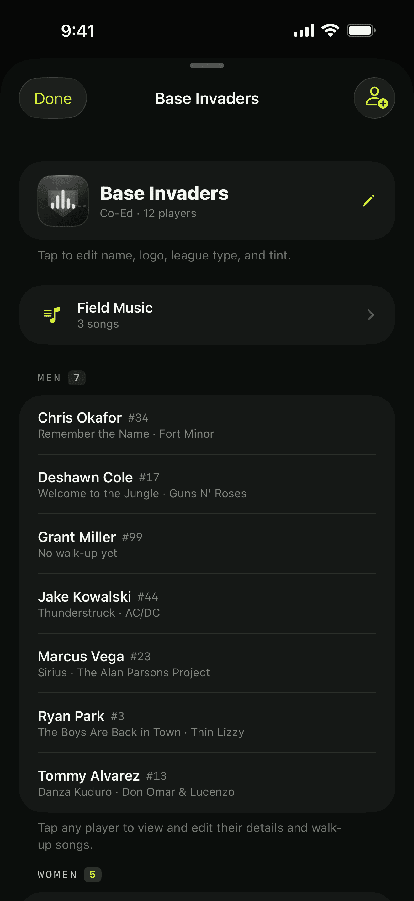 A team's roster with each player's active walk-up song